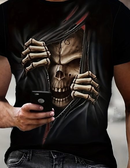 Men's 3D Skull Printed T-shirt - Casual Short Sleeve, Summer Outdoor, Stretch Polyester Blended, Machine Washable