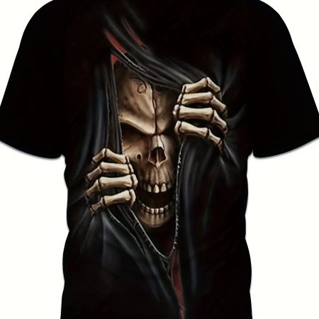 Men's 3D Skull Printed T-shirt - Casual Short Sleeve, Summer Outdoor, Stretch Polyester Blended, Machine Washable