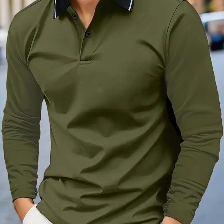 Autumn Men's Lapel Golf Casual Sports Contrast Color Long Sleeves Top
