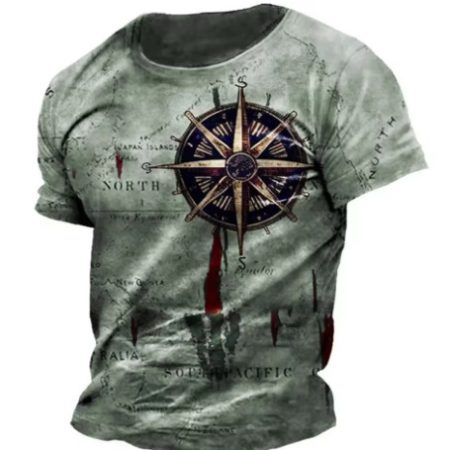 Men's Vintage Nautical Map Compass Printed T-shirt