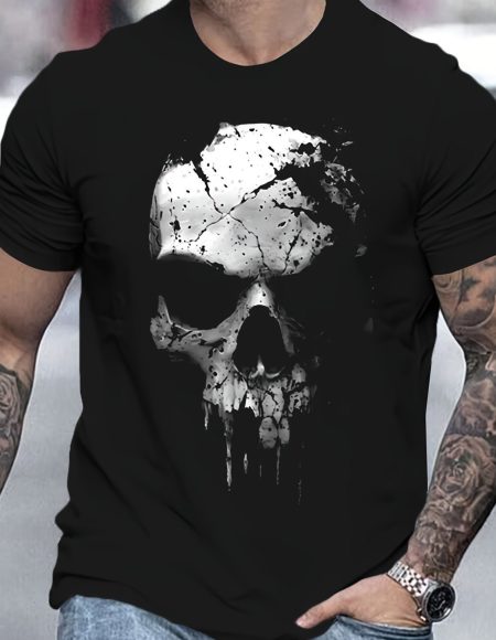 A Novel And Cool Top For Men To Wear Outdoors In Summer, Featuring A 3D Digital Shattered Skull Pattern And A Round Neck Short Sleeved T-shirt