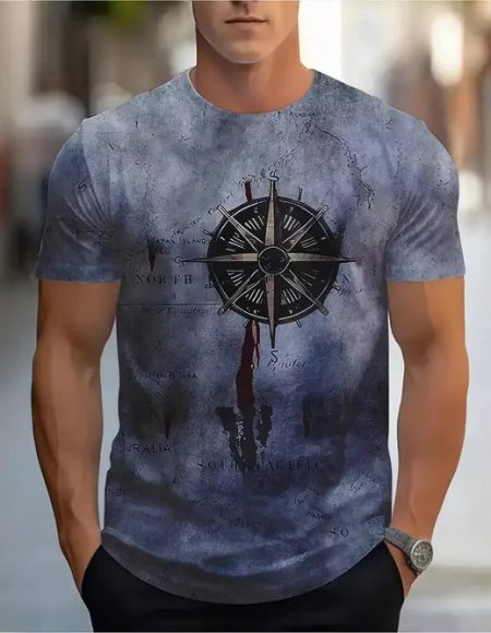 Men's Vintage Nautical Map Compass Printed T-shirt