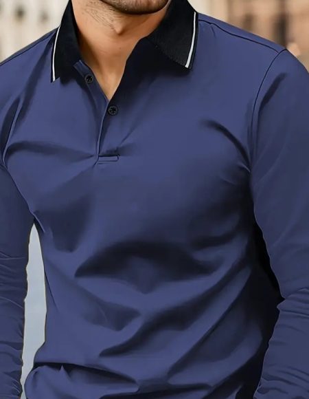 Autumn Men's Lapel Golf Casual Sports Contrast Color Long Sleeves Top