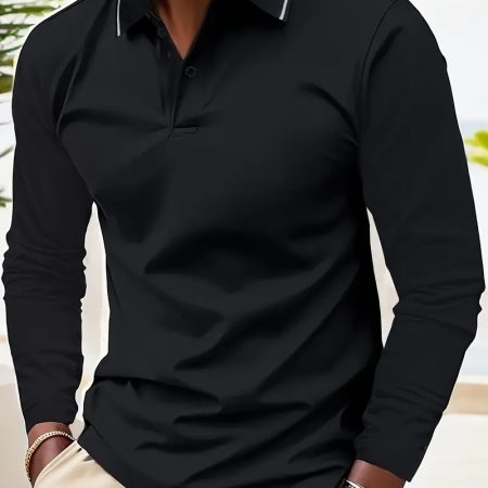 Autumn Men's Lapel Golf Casual Sports Contrast Color Long Sleeves Top