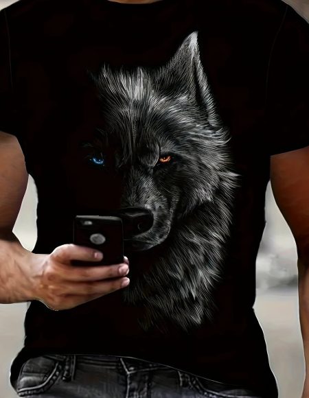 3D Digital Cool Wolf Contrast Color Eye Pattern Round Neck T-shirt, Men's Summer Outdoor Activity Fashion Top